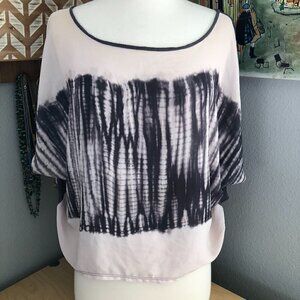 MEZZANINE Chiffon Blouse Women's size L Gray & Ivory Dolman Sleeve Off Shoulder
